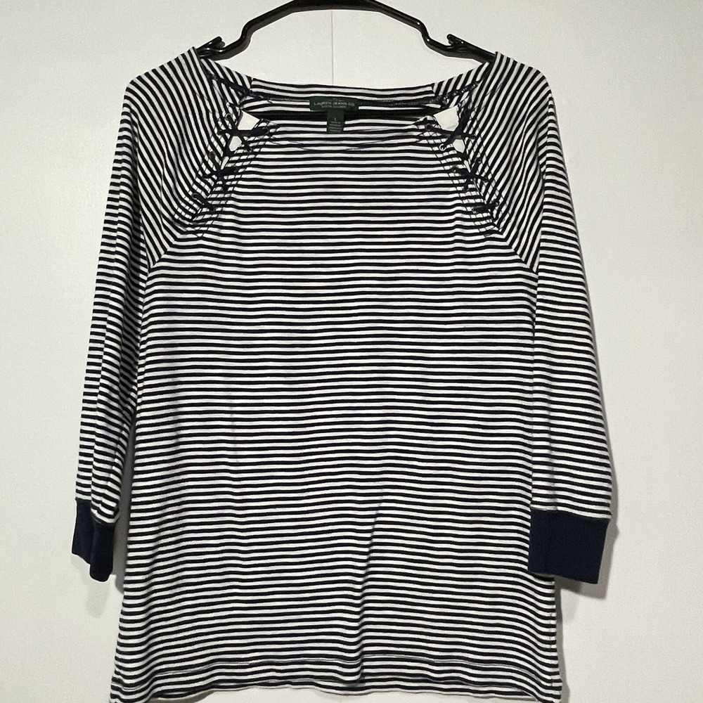 LRL Ralph Lauren Striped Top Womens Large Navy White Coastal Preppy Mature